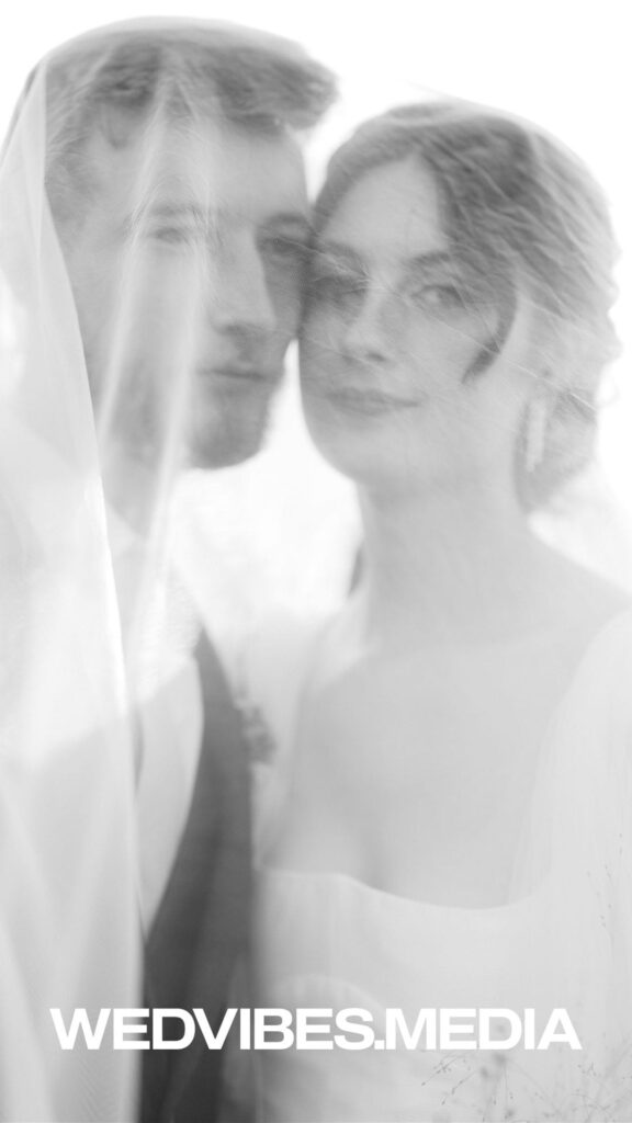 A close up portrait of the bride and groom in black and white.